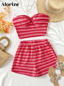 Conjunto de top tubo corto y pantalones cortos a rayas de estilo francés para vacaciones de verano en la playa para adolescentes - Rojo - Ver 1