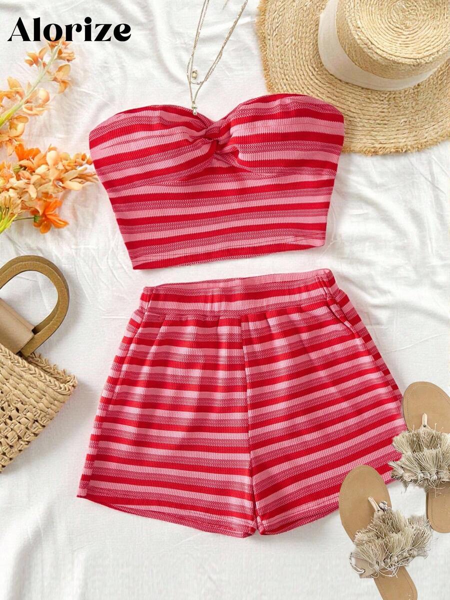 Conjunto de top tubo corto y pantalones cortos a rayas de estilo francés para vacaciones de verano en la playa para adolescentes - Rojo - Ver 1