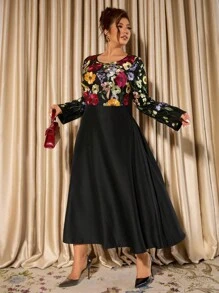 Allurite Große Größen Elegantes Partykleid für Damen mit 3D-Stickerei, Rundhalsausschnitt, Langarm, A-Linie, früher Herbst - Schwarz - Übersicht 6