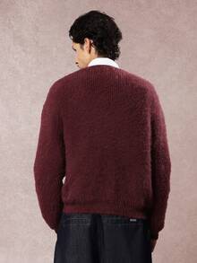 SUMWON 常规毛绒针织纽扣开衫经典学院风 V 领冬季舒适柔软纹理长袖学院风毛衣商务休闲办公室装 - 紅色 - 查看 2