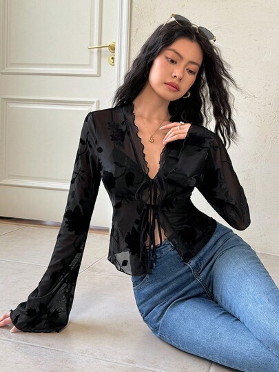 EastFlair Modische, sexy durchsichtige Bluse mit weiten Ärmeln für Damen