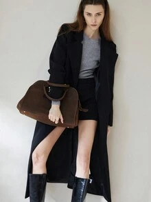 Aveloria Modichic 粗花呢面料纽扣装饰优雅精致设计感宽松长款女士大衣外套 - 黑色 - 查看 6