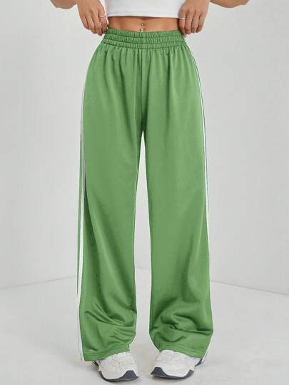 SHEIN PETITE 休闲黑色侧条纹长裤，夏季时尚