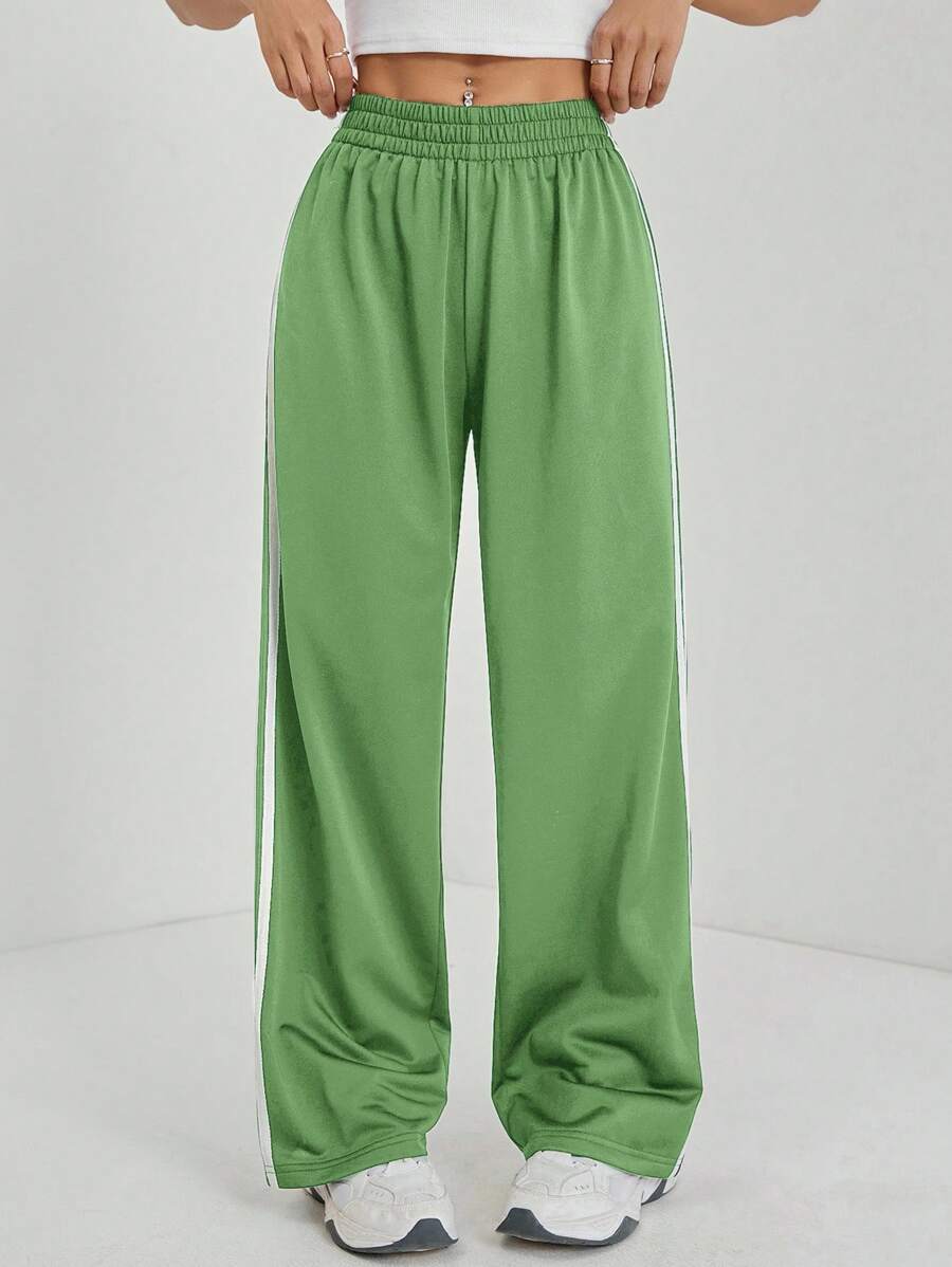 SHEIN PETITE 休闲黑色侧条纹长裤，夏季时尚 - 橄欖綠 - 查看 1