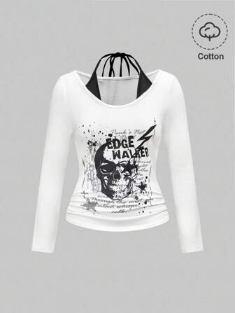 Grunge Punk Camiseta de manga larga de ajuste ceñido con estampado de esqueleto y pentagrama en estilo vintage Y2K para mujer
