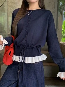 DAZY 女款拼布撞色荷叶边拼接长袖圆领抽绳系带休闲毛衣，秋冬