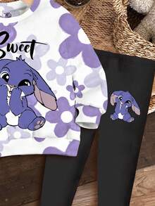 SHEIN Kawaii Cartoon Blue Rabbit Lulu & Stitch Pattern, Blue Ombre Floral, Young Girl Casual Crew Neck Long Sleeve Sweatshirt And Leggings Two Pieces Set, Suitable For Autumn/Winter, Vacay Vibes, Sunny Journey, Casual Outfits Spring, Summer Getaway, Momentos En Familia, Cute Y2K Coconut Girl Boho Vacation Springbreak, Brunch-Ready Baby Blue Girls Trip, Neon Beach Vibes, Bohemian Hippie Music Festival - Multicolor - View 5
