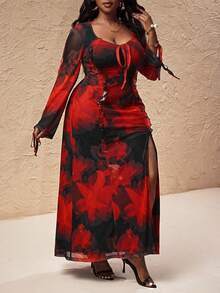 Truni Plus Size Women's Slim Fit High Stretch Long Sleeve Dress, Floral Pattern Printed Mesh Maxi Dress/Autumn /Winter
