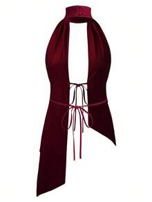 Y2Kool BiGraphic Blusa de fiesta con cuello halter y nudo delantero, sexy para vacaciones - Burdeos - Ver 2