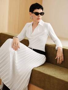 Uhlyne - Đầm công sở thanh lịch tối giản dành cho nữ, Đầm đi làm cổ xếp ly chắp vá dài tay, màu be, phù hợp cho giáo viên, mùa thu - trắng - Xem 3