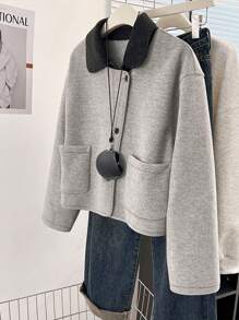 INAWLY Damen Kontrast-Farbblock Kragen Knopfleiste Kurze Lässig Jacke - Grau - Übersicht 6