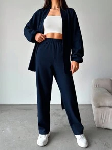 SHEIN Tall Cotton Tall Cottnline Drop Shoulder Belted Coat & Pants - Navy Blue - View 5
