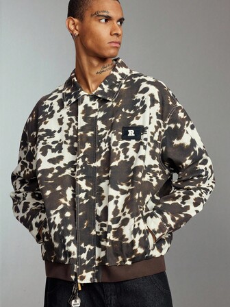 Street Life Men's Cow Print Letter Embroidered Drop Shoulder Casual Denim Jacket