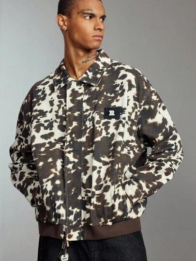 ROMWE MEN Street Life Men's Cow Print Letter Embroidered Drop Shoulder Casual Denim Jacket