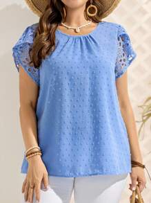 EMERY ROSE Áo kiểu nữ cỡ lớn cổ tròn tay ngắn họa tiết hoa cánh hoa, thích hợp mặc mùa hè, đi nghỉ mát ở vùng nhiệt đới, kín đáo, chất liệu ren, hoa, mùa xuân. - Màu xanh lam - Xem 3