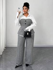 Maweii Plus Size Women 2 Pieces Set: Contrast Color Long Sleeve Shirt Collar Casual Top + Casual Pants Fall Cloth For Women