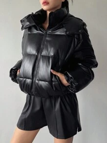 DAZY 女士宽松街头风连帽羽绒服外套冬季皮夹克 - 黑色 - 查看 5