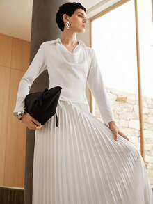 Uhlyne - Đầm công sở thanh lịch tối giản dành cho nữ, Đầm đi làm cổ xếp ly chắp vá dài tay, màu be, phù hợp cho giáo viên, mùa thu - trắng - Xem 6