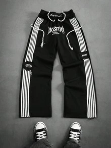 PAVTROS Manfinity Streetrush Casual Striped Print Drawstring Men's Sweatpants Men Wide Leg Pants With Side Stripes Men Track Pants Men Streetwear Track Pants Men Graphic Print Track Pants Men Black And White Track Pants