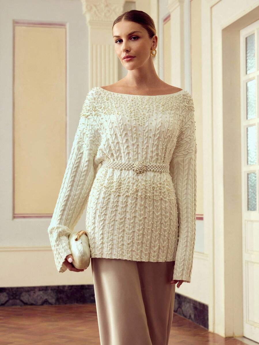 ZEYLAH Women's Simple Solid Color Faux Pearl Decor Cable Knit Sweater, Fall /Winter Clothes - White - View 1