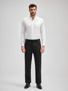 Officeau Men's Wrinkle-Resistant Elastic Business Trousers, Solid Color Straight Leg Slanted Pocket Casual Pants, Daily & Commute Wear, Formal Business, Dress, Fall And Winter, Old Money Men's Dress Pants Spring To Summer - Black - View 3