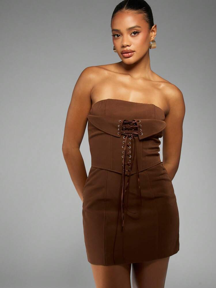 MISSGUIDED Strapless Corset Mini Dress Lace Up Front Detail Party Club Night Out Bodycon Evening Fashion Statement Dark Chocolate Brown
