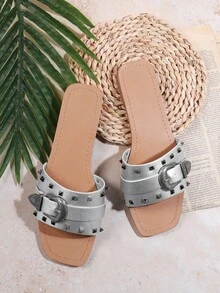 SHUZIA Women's Studded Buckle Detail Open Toe Flat Sandals - Silver - View 2
