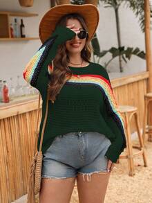 EMERY ROSE Suéter de punto calado con diseño arcoíris, estilo bohemio de manga larga, adecuado para salidas, protección solar, primavera y otoño, club, fiesta, cumpleaños, otoño e invierno - Verde militar - Ver 4