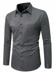 Manfinity Mode 男士加大码商务休闲前扣长袖衬衫，秋季 - 深灰色 - 查看 3