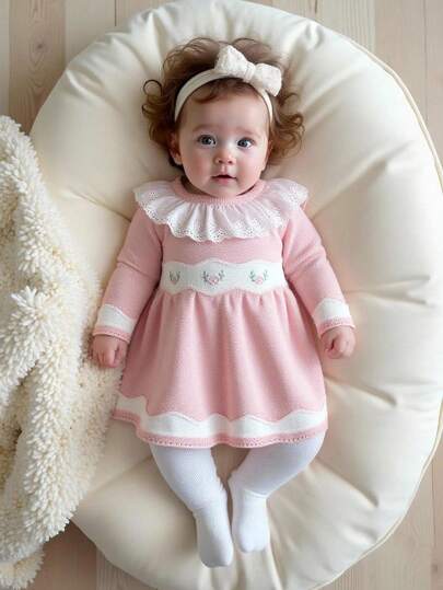 SHEIN 2 件套女婴针织毛衣套装，优雅粉色长袖套头毛衣 + 配套针织裤，舒适的服装适合秋冬季，适合休闲、居家、户外和旅行