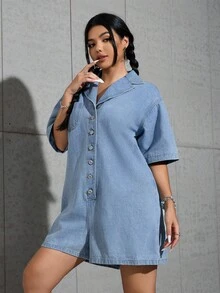 SHEIN EZwear 女式休闲水洗前扣牛仔连体衣 - 淺色水洗藍 - 查看 4