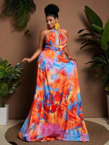 Maweii Đầm hở vai in họa tiết tie dye cho kỳ nghỉ cỡ lớn dành cho nữ - Nhiều màu - Xem 3