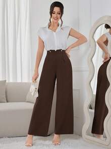 Modelyn Women's Solid Color Wide Leg Pants, Suitable For Commuting - Coffee Brown - View 6