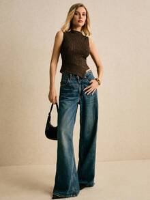 Poéselle Women's Vest, Textured Fabric, High Collar, Asymmetrical Hem, Brown Vest, Women's Tops Women's Stand Collar Textured Design Asymmetric Hem Fitted Fashion Tank Top Going Out Tops For Women Brown Tops Fall Clothes For Women Autumn Clothes Autumn Outfits For Women Winter Clothes For Women Dress New Year Women's Outfit Going Out Outfit