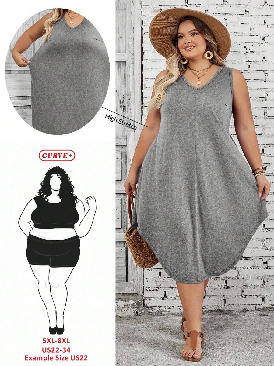 SHEIN CURVE+ 大码女式纯色弧形下摆背心裙
