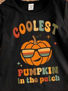 SHEIN Áo thun tay ngắn in họa tiết bí ngô yêu tinh can đảm hoạt hình Halloween cho bé trai, phong cách thời trang, phù hợp cho mùa hè, thu/đông, Halloween - màu đen - Xem 6