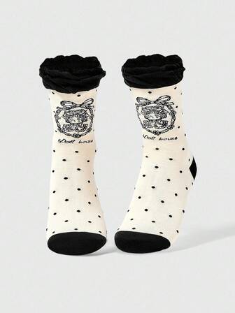 Kawaii Calcetines de media pantorrilla con volantes y estampado de muñeca a lunares, calcetines versátiles y lindos de estilo lolita para todas las estaciones
