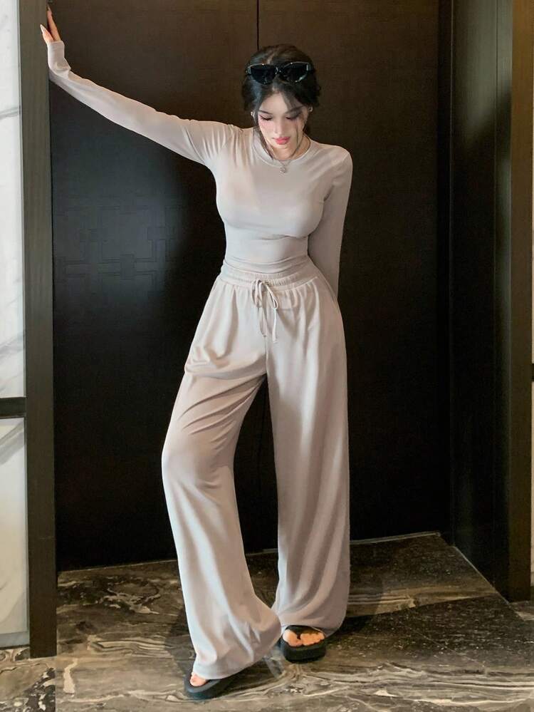 Women's Solid Color Casual 2 Pieces Outfit - Straight Leg Pants And Basic Top, Suitable For Outdoor Wear And Loungewear, Spring/Summer/Autumn