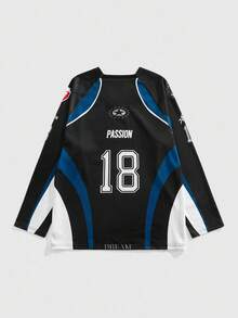 ROMWE MEN Prep Men's Contrast Color Patchwork Letter Print Retro Long Sleeve T-Shirt Jersey - Black - View 2