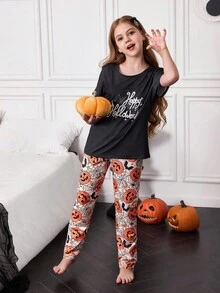 SHEIN 2 Peças Conjunto de Pijama Feminino com Estampa de Elementos de Halloween, Top de Manga Curta e Calça Longa em Malha - Preto - Visão 5