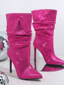 SHUZIA Pointy Toe Slip On Stiletto Heel Boots - Red Violet - View 3