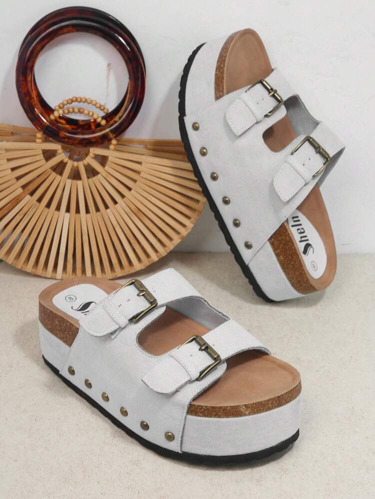 Round Toe Double Buckle Footbed Sandals