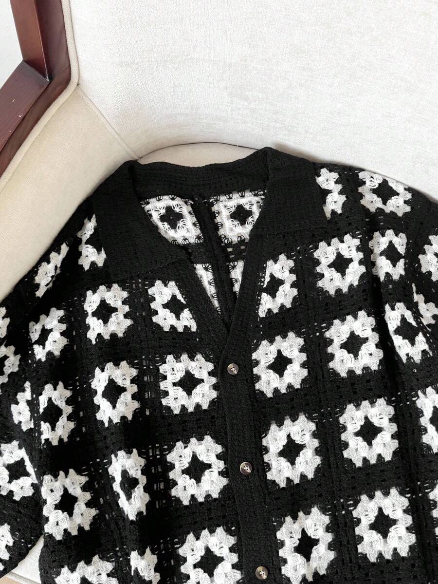 SWAVVY 男士全身印花纽扣前短袖针织上衣，夏季 - 黑色 - 查看 1