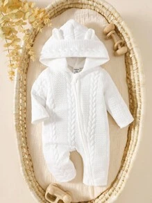 SHEIN Baby Spring/Autumn Hooded Jumpsuit, Soft & Comfortable Solid White Long Sleeve Zipper Jumpsuit, Adorable Unisex Baby Clothing Newborn Knit Jumpsuit Newborn Sweater Jumpsuit Baby Knit Jumpsuit Newborn Knit Outfit Boy Baby Knit Jumpsuit Fall Winter - White - View 6