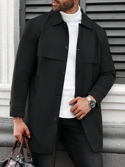 Manfinity Homme Men's Plus Size Solid Color Lapel Long Sleeve Single Breasted Loose Casual Long Trench Coat, Spring & Autumn, Work Black Trench Coat, Gifts For Friends, Husbands, Boyfriends