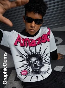 SHEIN Coolqubz Zweiteiler Hoodie Langarmsweatshirt mit Blitz-Motiv für Teenager Jungen - Schwarz und Weiss - Übersicht 3