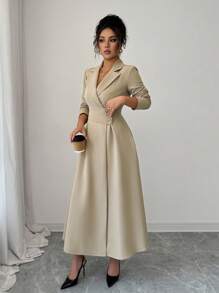 Elenzga Váy dài tay cổ bẻ thanh lịch, lãng mạn cho kỳ nghỉ và công sở - Màu Khaki - Xem 7