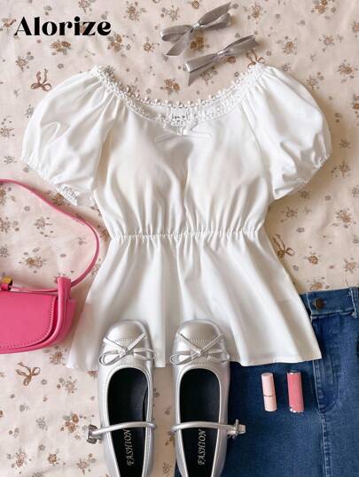 1pc Girls' Ruffle Collar Crew Neck Short Sleeve Top, Sweet Casual Blouse Shirt For Summer White Lace Trim Top White Puff Sleeve Blouse White Babydoll Top White Blouse For Teens Cute White Tops