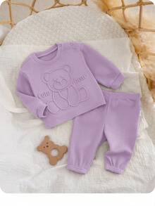 SHEIN 新生女婴可爱百搭压花卡通图案卫衣和松紧腰裤套装，秋冬 - 淡紫色 - 查看 1