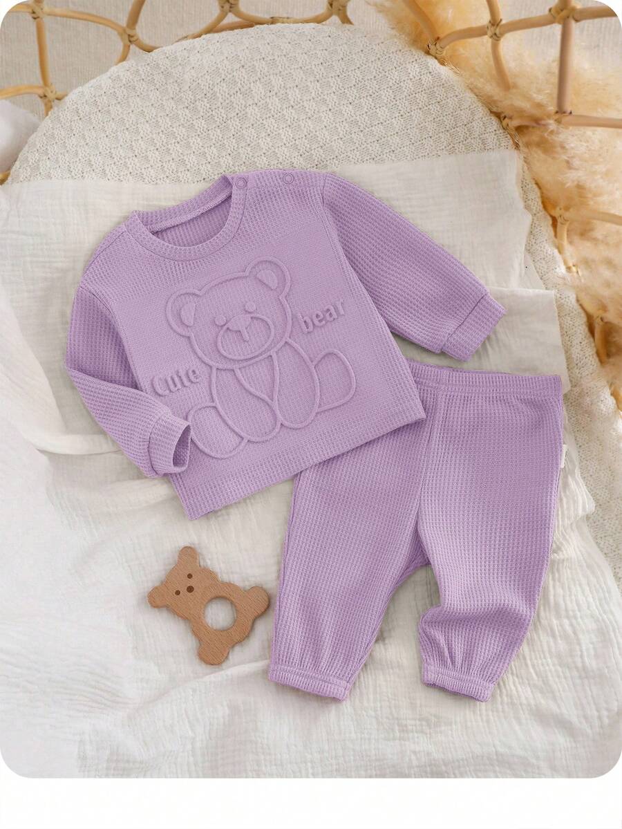 SHEIN 新生女婴可爱百搭压花卡通图案卫衣和松紧腰裤套装，秋冬 - 淡紫色 - 查看 1